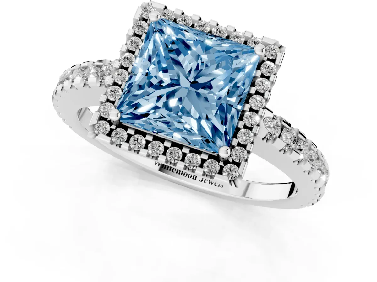Fancy Blue Princess Cut Diamond Halo Engagement Ring with Pavé Band and Prong Setting Silver