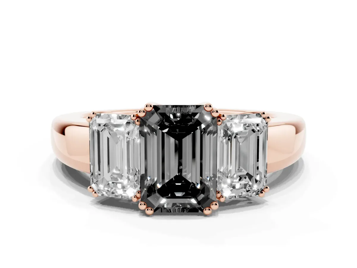 Fancy Black Three-Stone Emerald Cut Cut Diamond Ring with Channel Set Band and Four-Prong Setting Rose gold