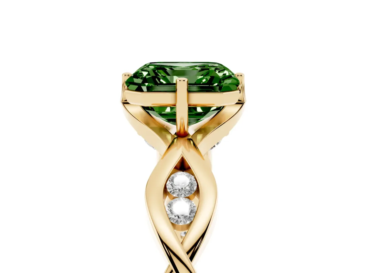 Fancy Green Asscher Cut Solitaire Twist Band with Leaf Prong Setting Yellow gold