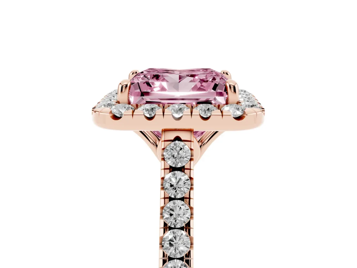 Fancy Pink Princess Cut Halo Pavé Diamond Engagement Ring with Four-Prong Setting Rose gold