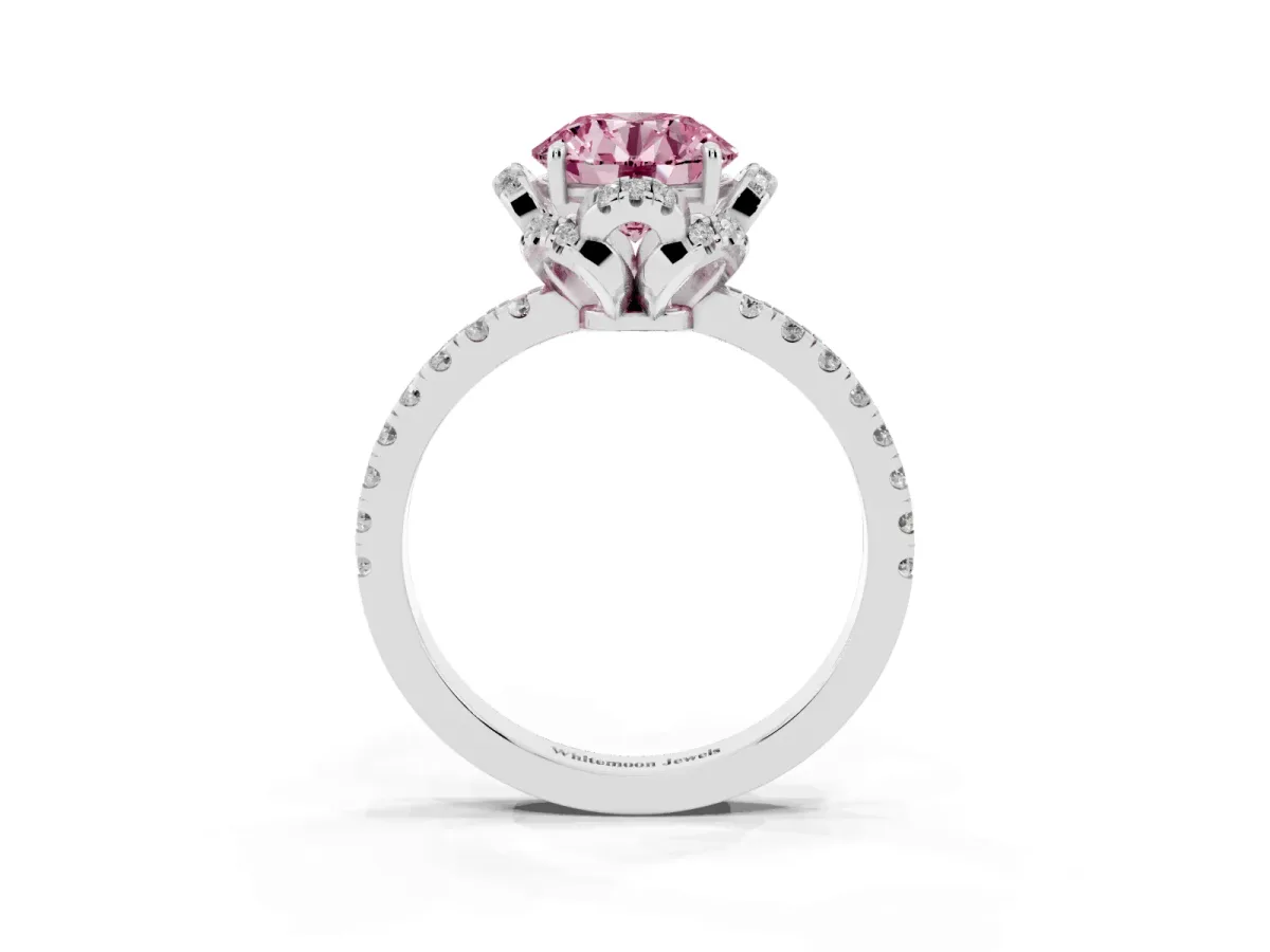 Fancy Pink Round Cut Diamond Halo Pave Band with Four-Prong Setting Silver