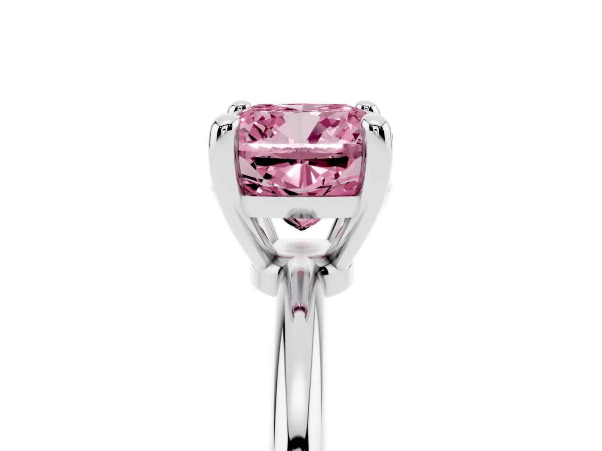 Fancy Pink Cushion Cut Solitaire Diamond Ring with 4-Prong Setting on a Classic Band Silver