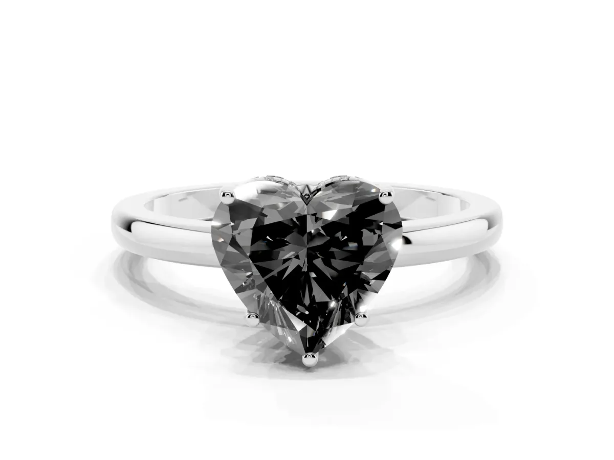 Fancy Black Heart Cut Solitaire Diamond Ring with Prong Setting and Plain Band White gold