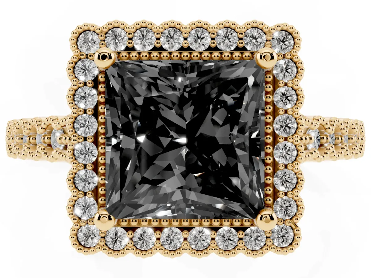 Fancy Black Princess Cut Cut Halo Pavé Solitaire Ring with Milgrain Band Yellow gold