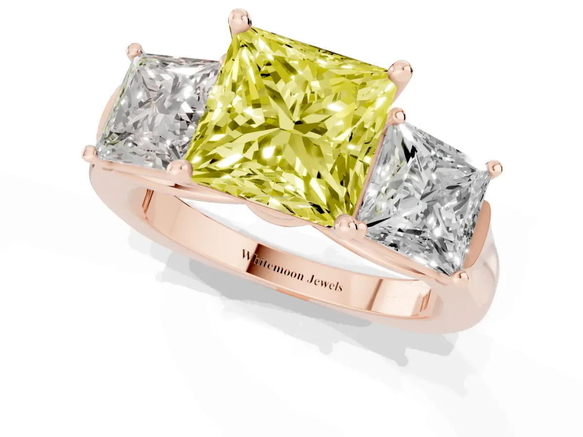 Fancy Yellow Three-Stone Princess Cut Brilliant Diamond Trellis Ring with Comfort Fit Band Rose gold