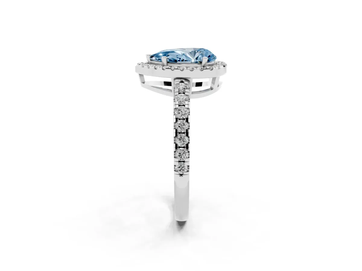 Fancy Blue Pear Cut Diamond Halo Ring with Pavé Band and Four-Prong Setting White gold