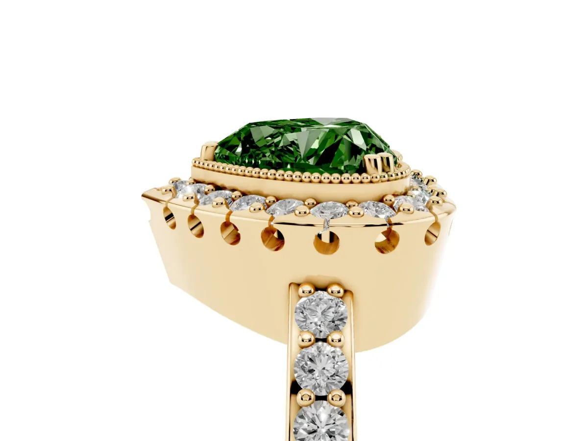 Fancy Green Heart Cut Diamond Halo Ring with Pavé Band and Prong Setting Yellow gold