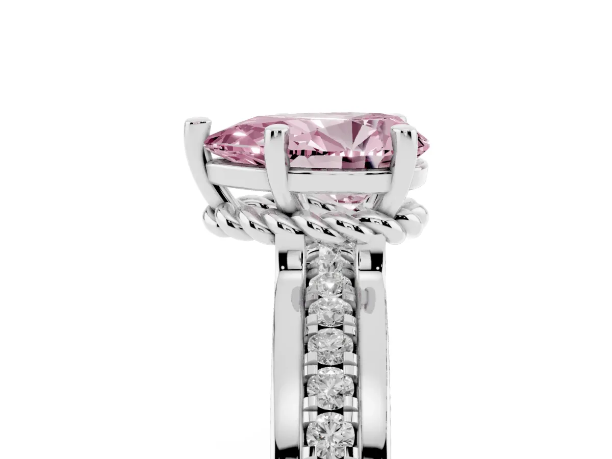 Fancy Pink Pear Cut Solitaire Diamond Ring with Channel Set Band and Six-Prong Setting Silver