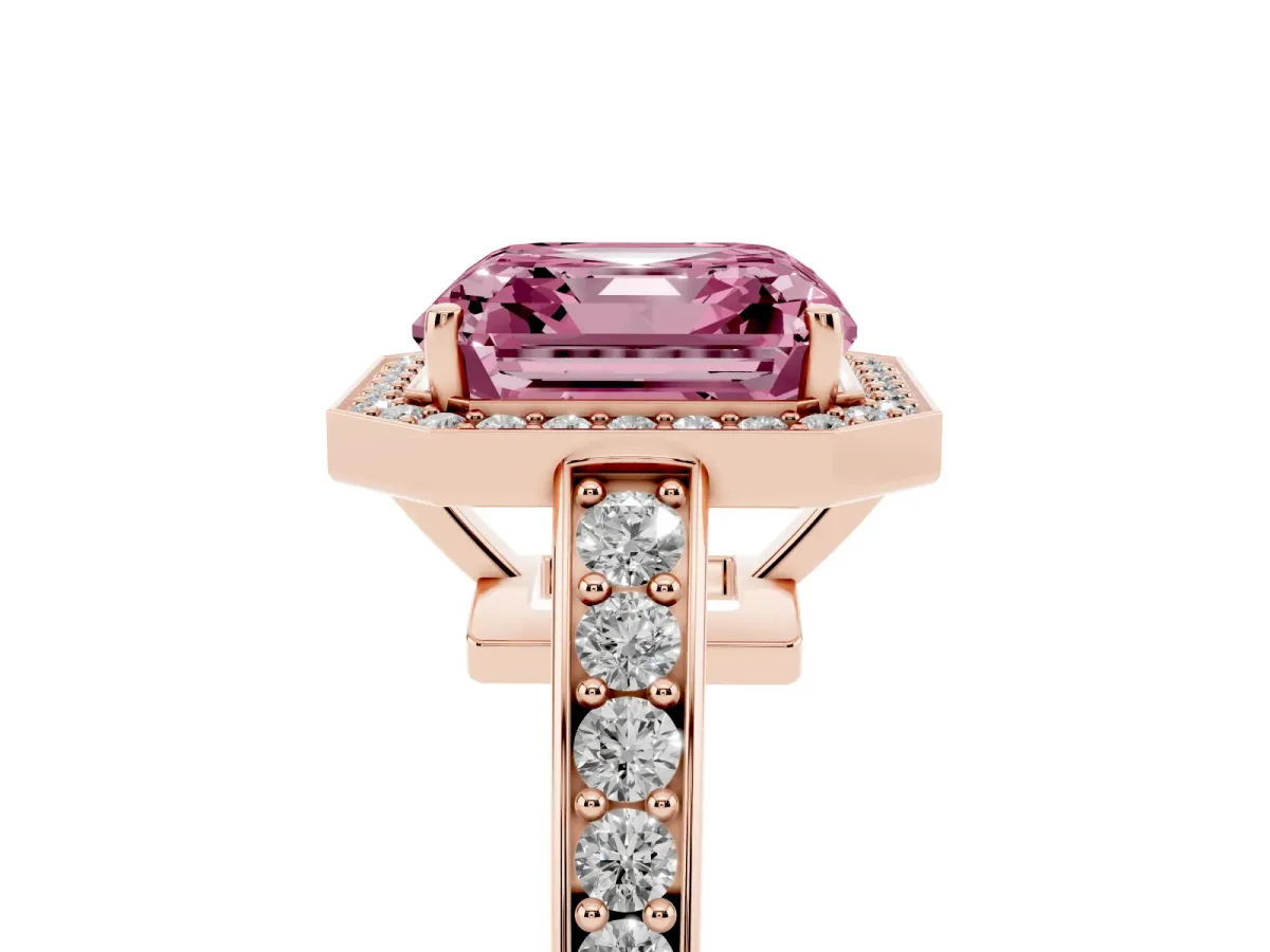 Fancy Pink Asscher Cut Halo Pavé Diamond Engagement Ring with Bezel Setting Rose gold
