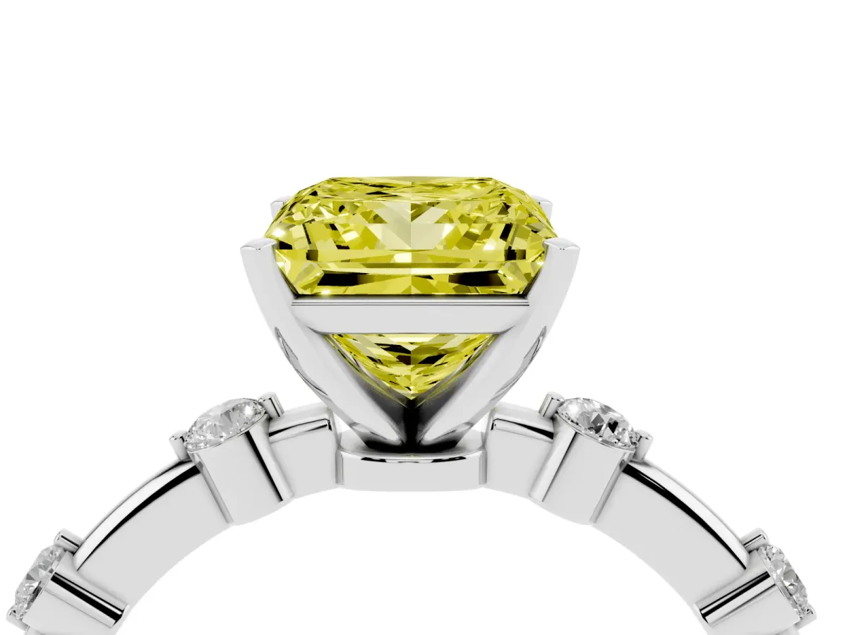 Fancy Yellow Princess Cut Solitaire Diamond Ring with Bezel Set Side Stones and Prong Setting Silver