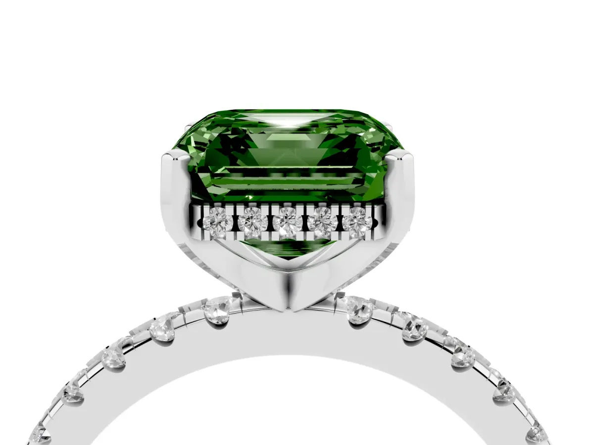 Fancy Green Asscher Cut Diamond Solitaire Ring with Round Pavé Band and Four-Prong Setting Silver