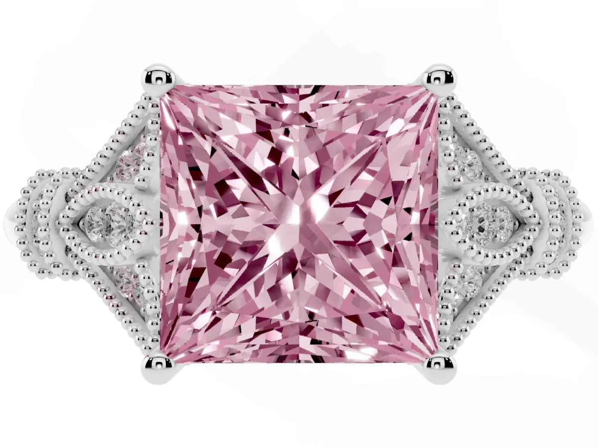 Fancy Pink Princess Cut Diamond Solitaire Ring with Floral Filigree and Pave Accents White gold