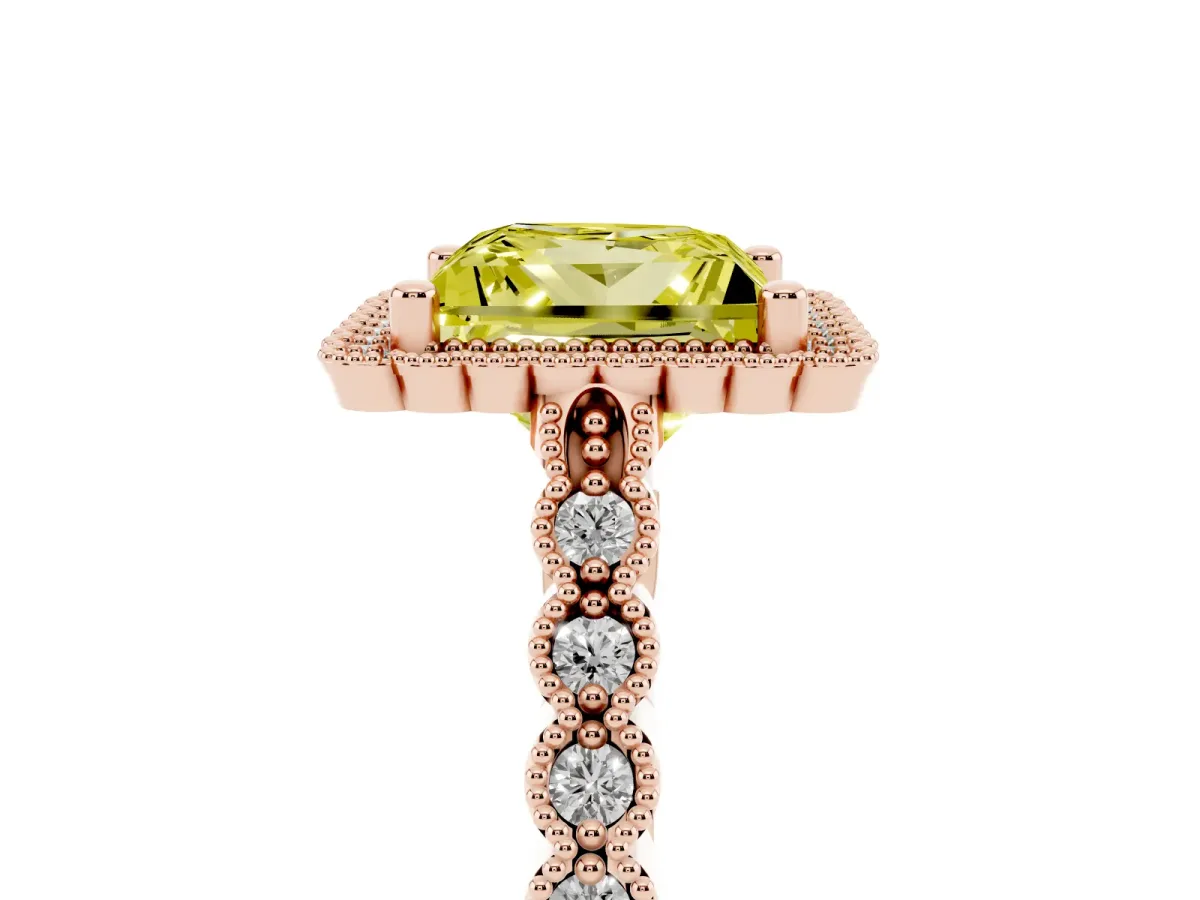 Fancy Yellow Princess Cut Cut Halo Pavé Solitaire Ring with Milgrain Band Rose gold
