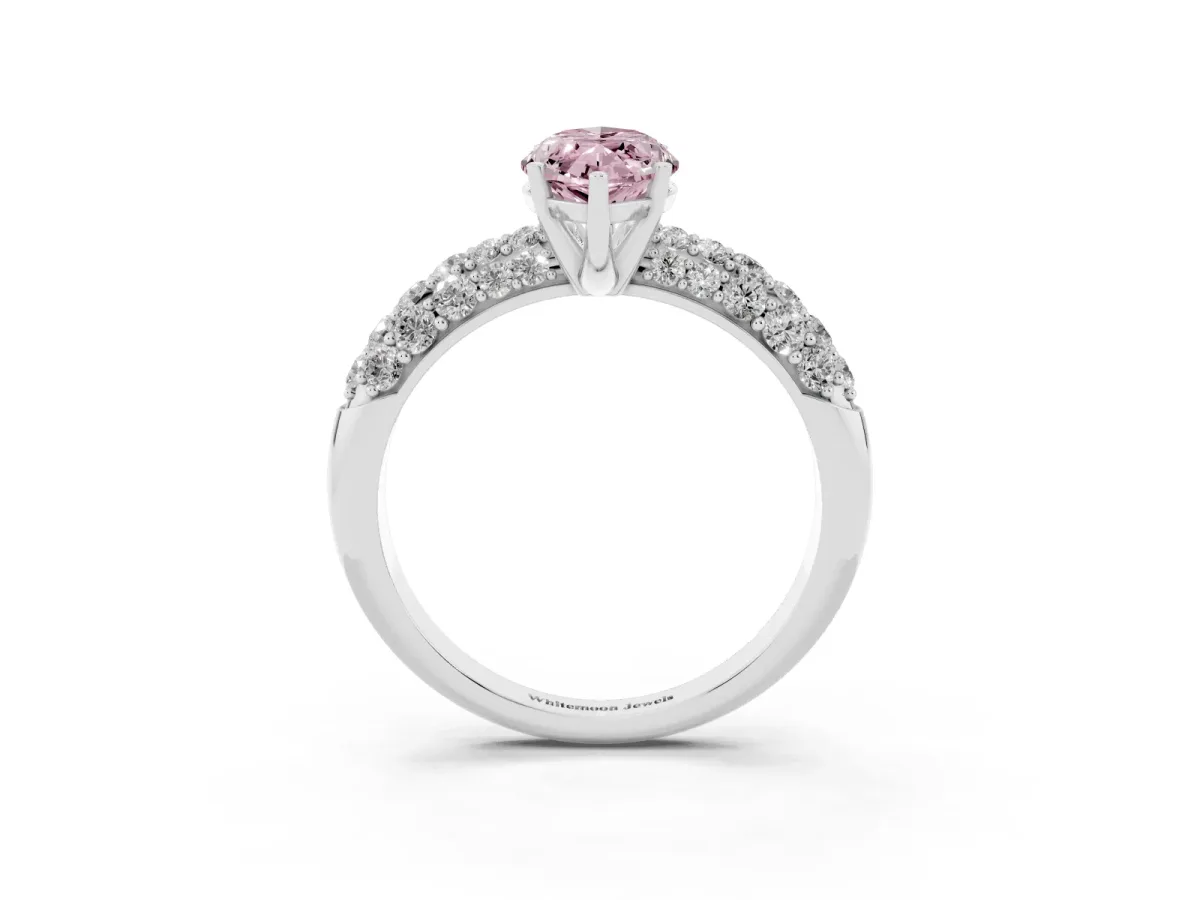 Fancy Pink Marquise Cut Diamond Pavé Band Solitaire Ring with Four-Prong Setting Silver