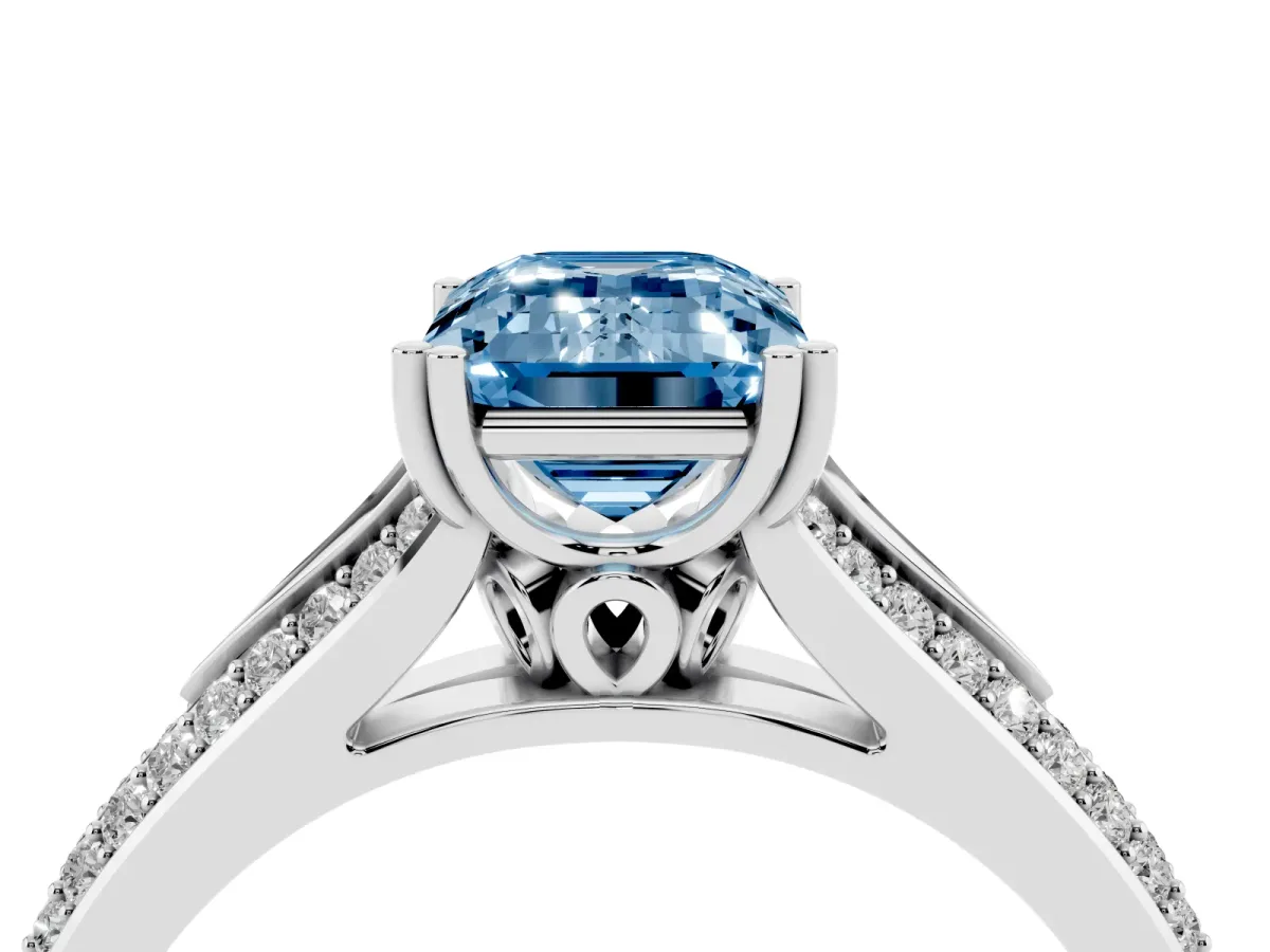 Fancy Blue Emerald Cut Diamond Split Shank Engagement Ring with Pavé Band Silver