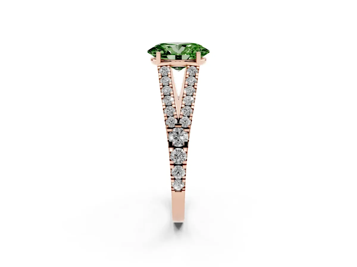 Fancy Green Oval Cut Diamond Split Shank Pavé Engagement Ring with Four-Prong Setting Rose gold
