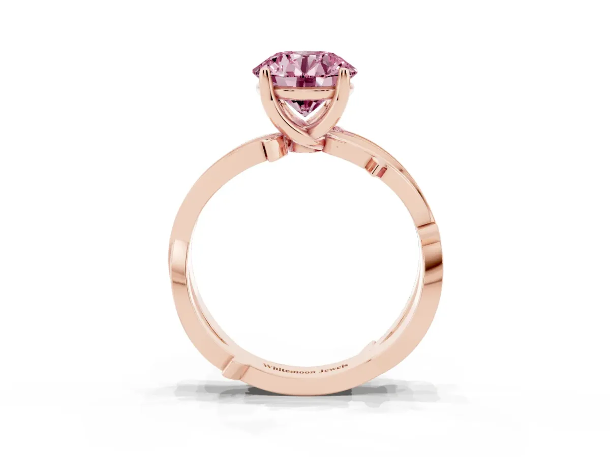 Fancy Pink Round Cut Solitaire Twist Band with Pavé Accents and Four-Prong Setting Rose gold