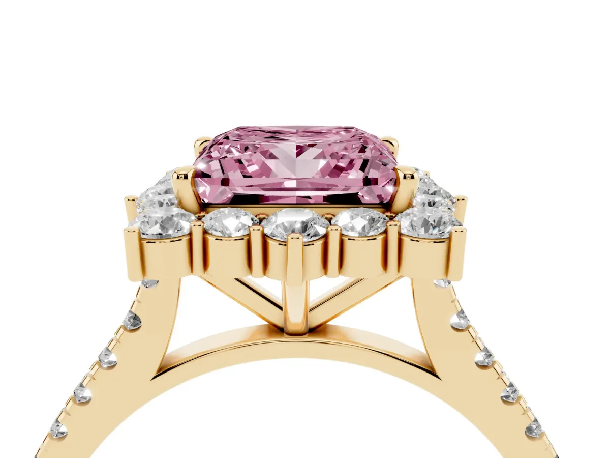 Fancy Pink Princess Cut Halo Diamond Ring with Pavé Band and Prong Setting Yellow gold