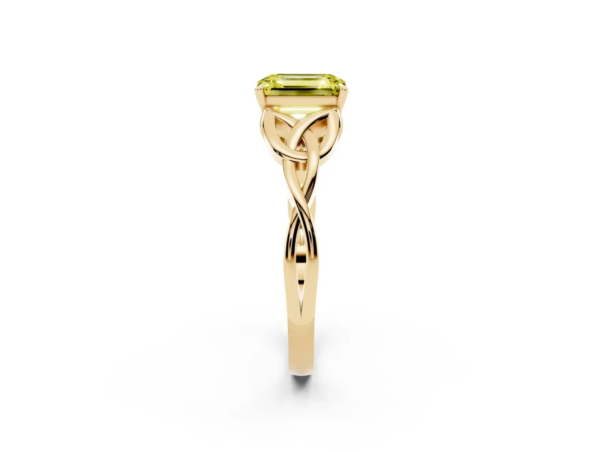 Fancy Yellow Emerald Cut Diamond Solitaire Engagement Ring with Celtic Knot Band and Four-Prong Setting Yellow gold