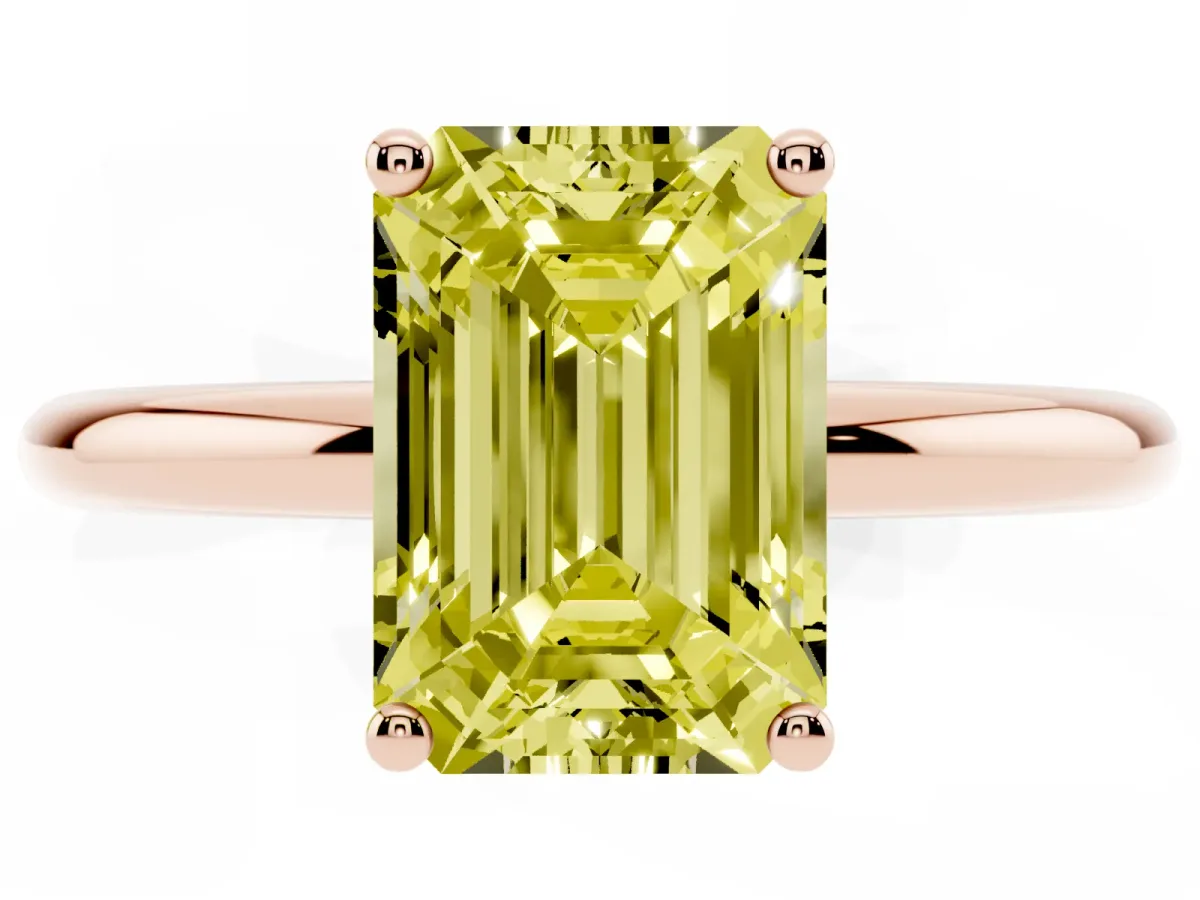 Fancy Yellow Emerald Cut Cut Solitaire Engagement Ring with Four-Prong Setting and Classic Band Rose gold