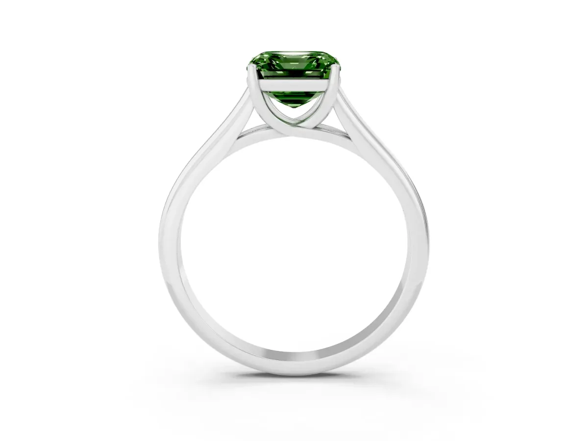 Fancy Green Asscher Cut Solitaire Engagement Ring with Tapered Band and Four-Prong Setting Silver