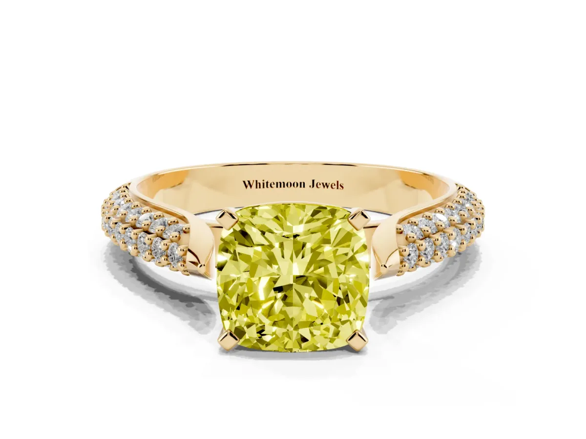 Fancy Yellow Cushion Cut Diamond Solitaire Engagement Ring with Multi-Row Round Pavé Band and Prong Setting Yellow gold