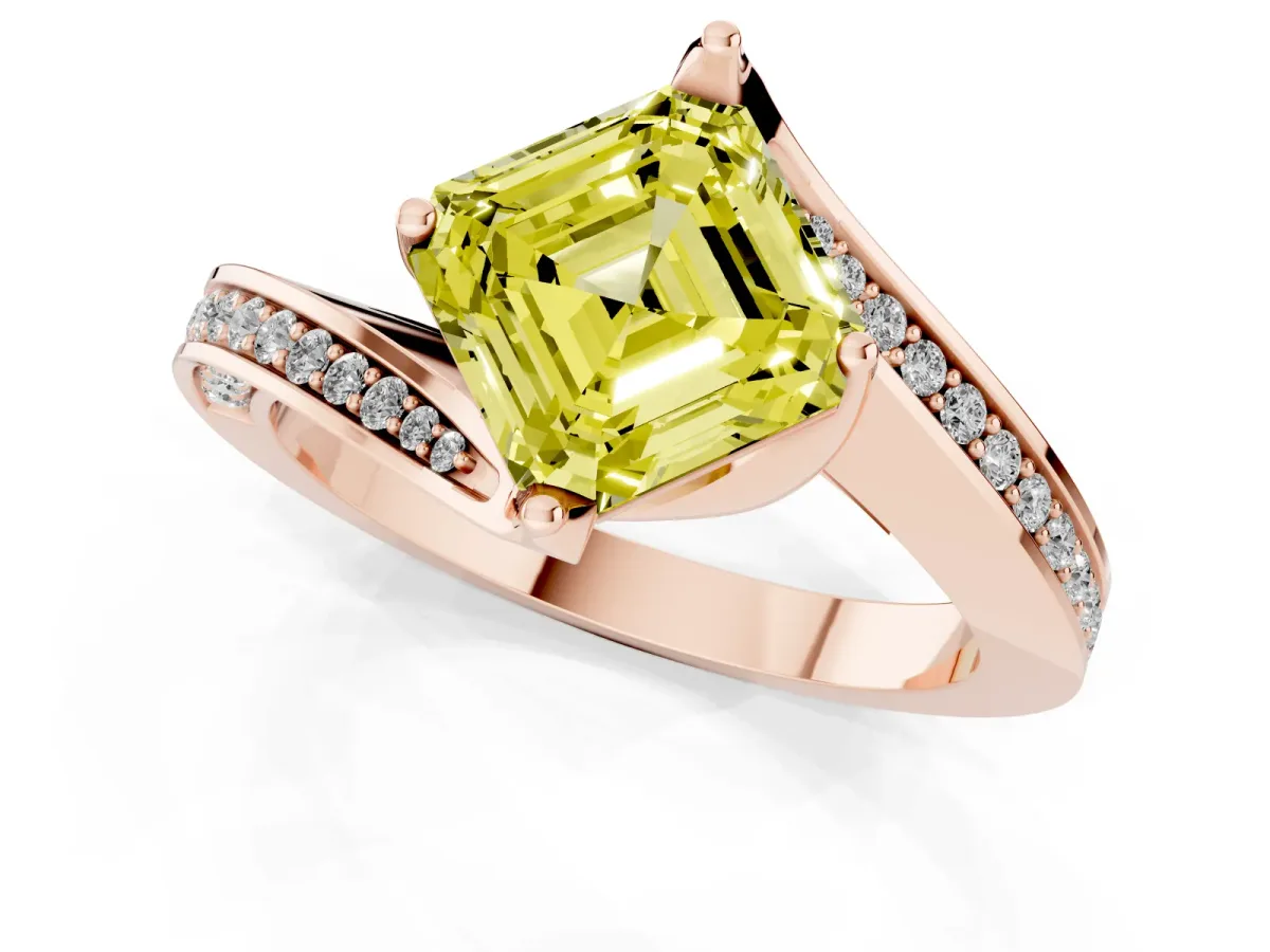 Fancy Yellow Asscher Cut Solitaire Diamond Twist Band with Pavé Setting and Four-Prong Setting Rose gold