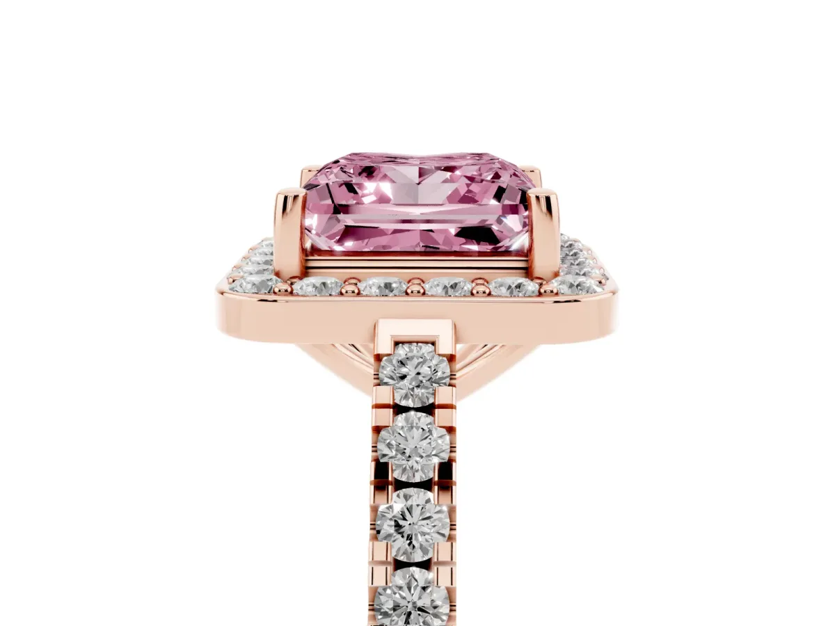 Fancy Pink Princess Cut Diamond Halo Ring with Round Pavé Split Shank and Prong Setting Rose gold
