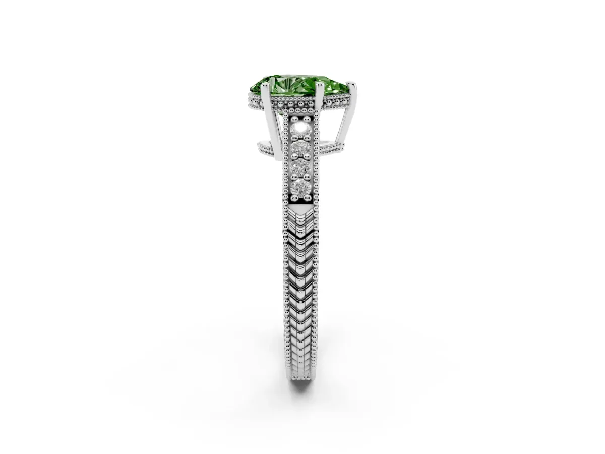 Fancy Green Pear Cut Solitaire Pavé Diamond Milgrain Engagement Ring with Four-Prong Setting Silver