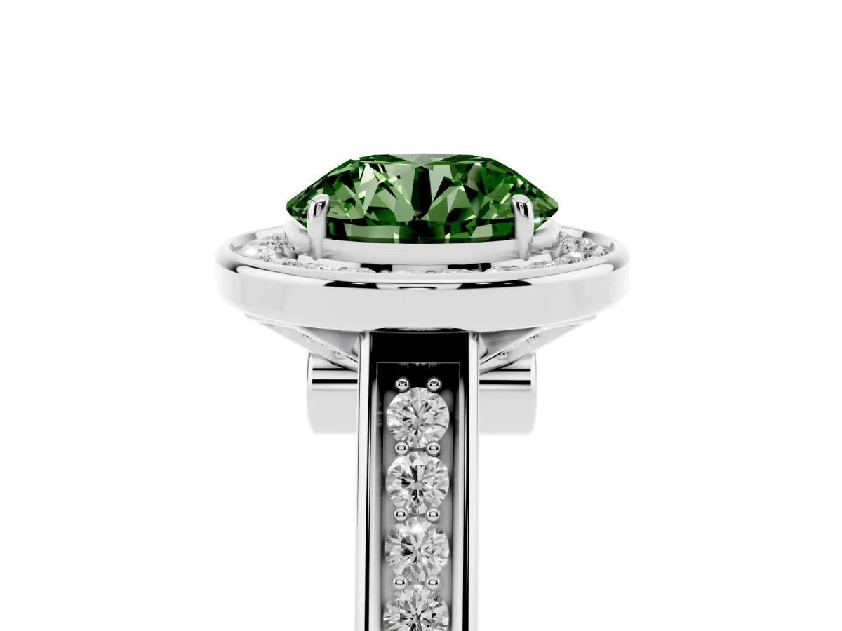 Fancy Green Round Cut Halo Solitaire Diamond Ring with Pave Band and Bezel Setting Silver