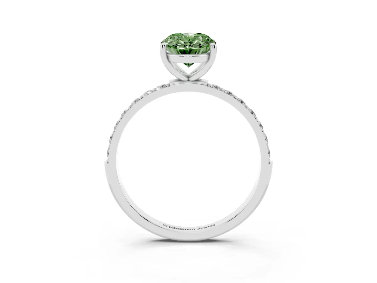 Fancy Green Oval Cut Diamond Solitaire Ring with Round Pavé Shoulders and Prong Setting Silver