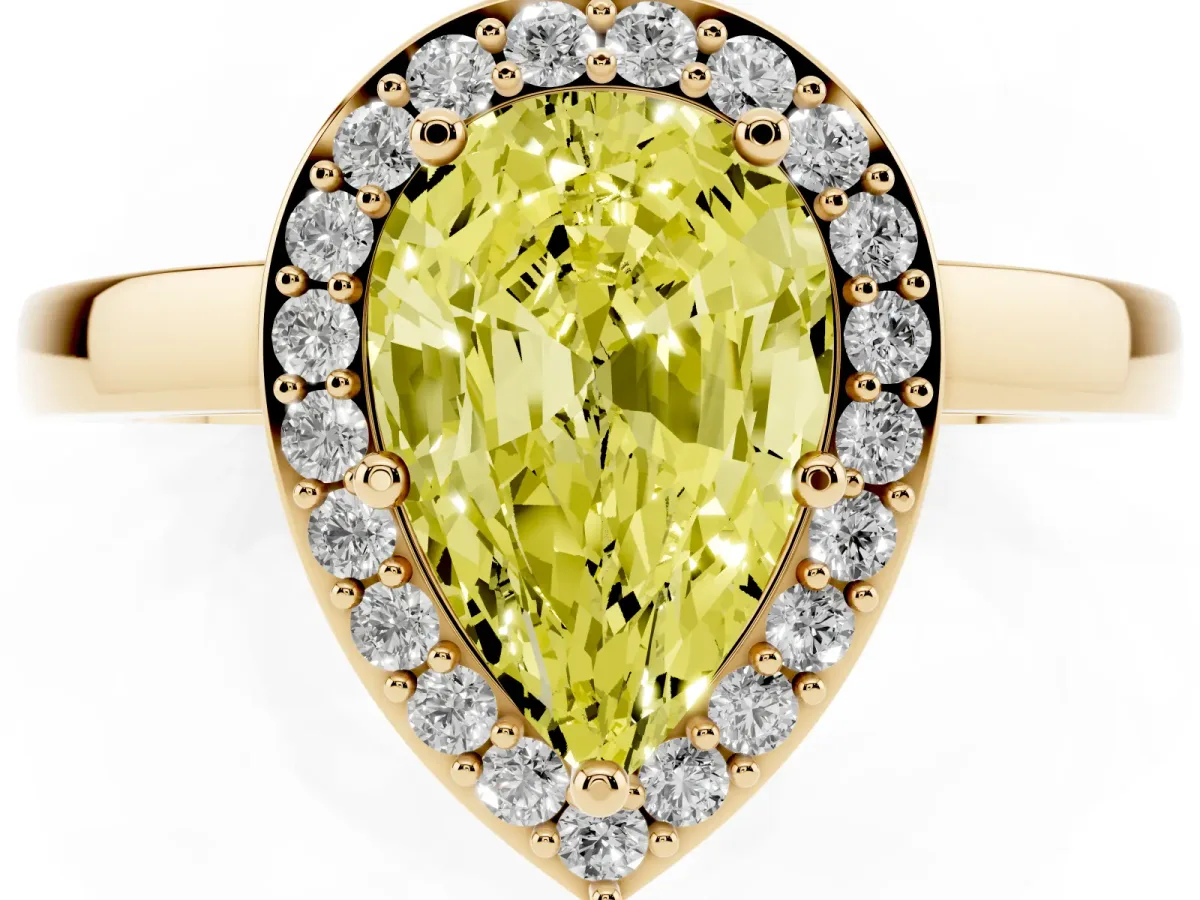 Fancy Yellow Pear Cut Halo Diamond Ring with Solitaire Band and Prong Setting Yellow gold