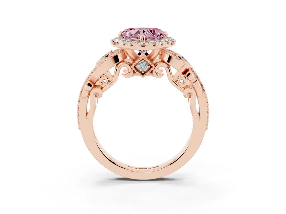 Fancy Pink Heart Cut Halo Diamond Ring with Milgrain and Bezel Accents on a Split Shank Band Rose gold