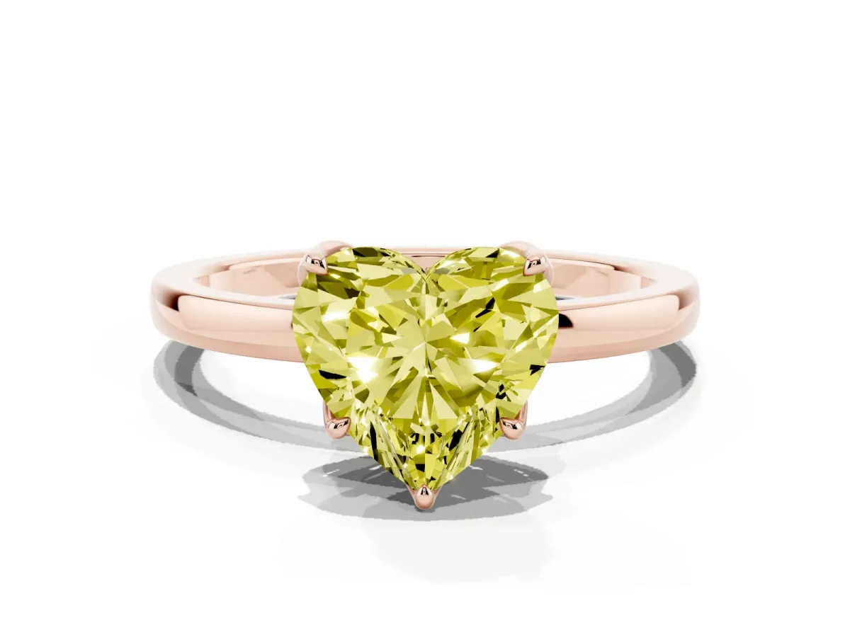 Fancy Yellow Heart Cut Diamond Solitaire Ring with Thin Band and Prong Setting Rose gold