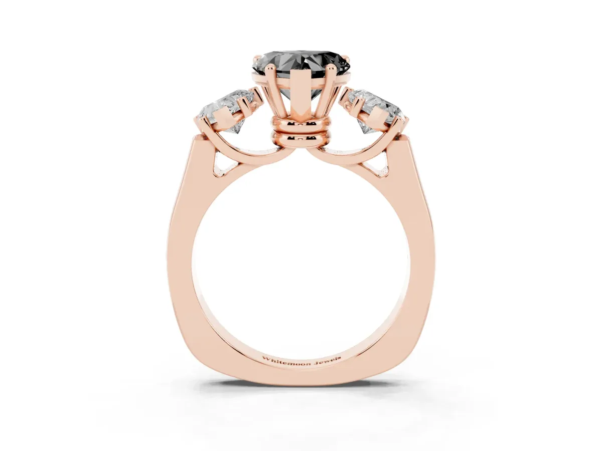 Fancy Black Three-Stone Heart Cut Brilliant Diamond Trellis Ring with Comfort Fit Band Rose gold