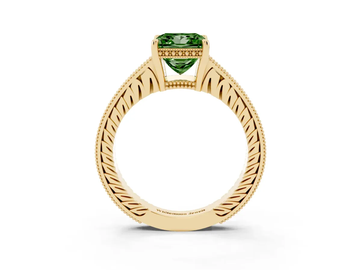 Fancy Green Princess Cut Solitaire Pavé Diamond Milgrain Engagement Ring with Four-Prong Setting Yellow gold