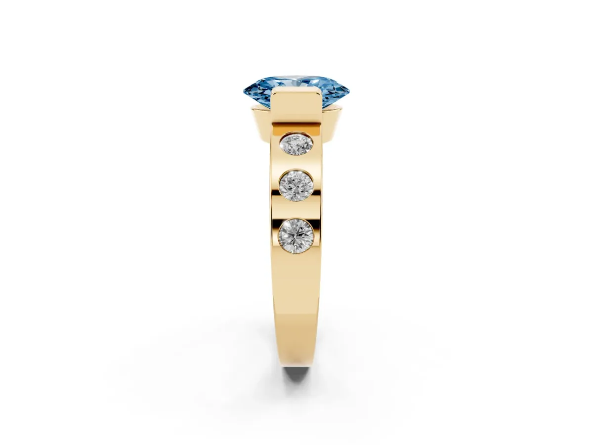 Fancy Blue Oval Cut Brilliant Channel-Set Diamond Ring with Bezel Prong Setting Yellow gold
