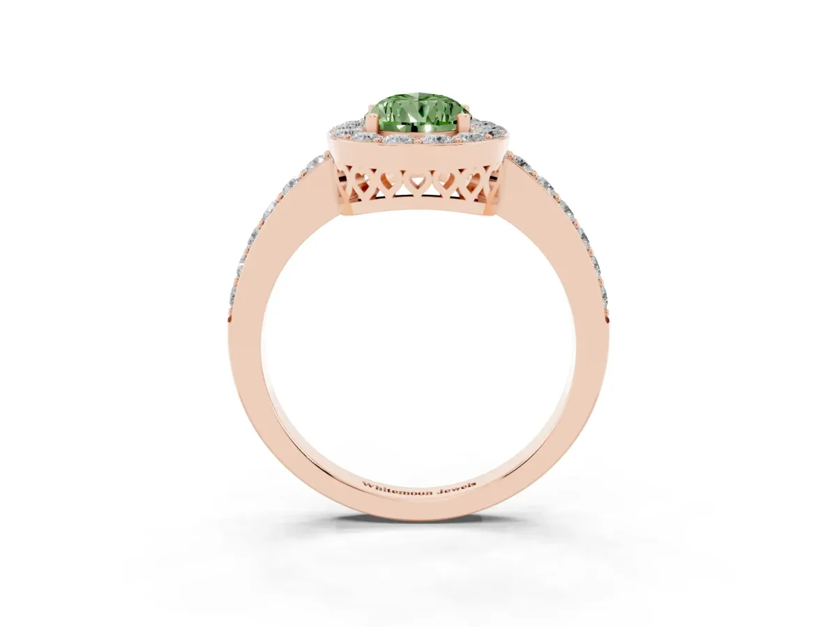 Fancy Green Pear Cut Halo Diamond Pavé Band Ring with Prong Setting Rose gold