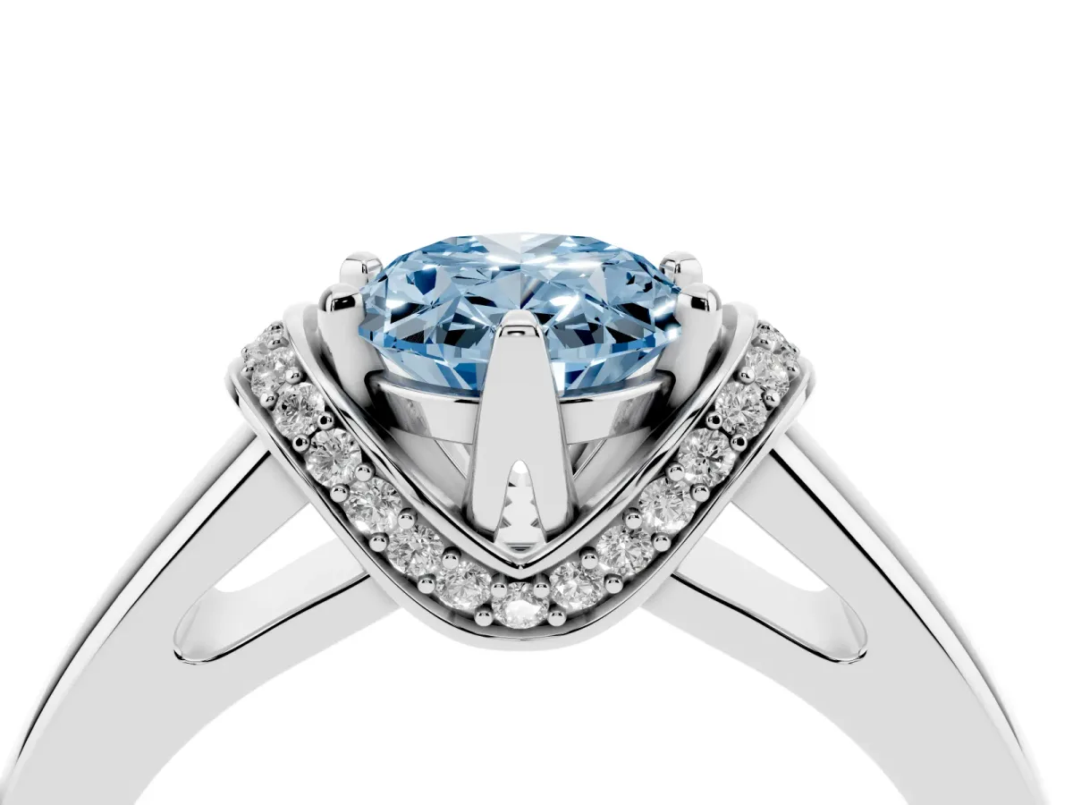 Fancy Blue Oval Cut Solitaire Diamond Ring with Pave Band and Six-Prong Setting Silver