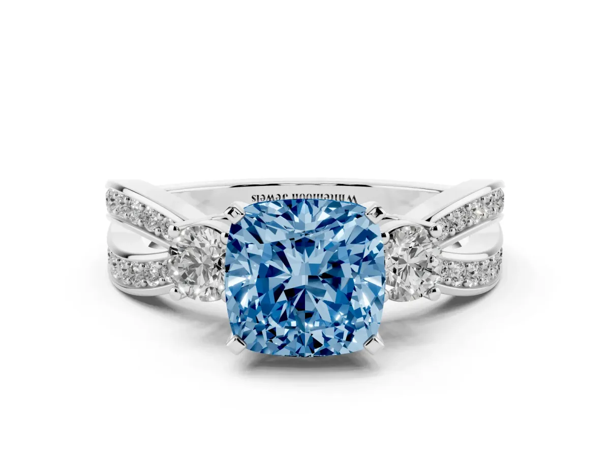 Fancy Blue Three-Stone Cushion Cut Cut Diamond Twist Band with Prong Setting Silver