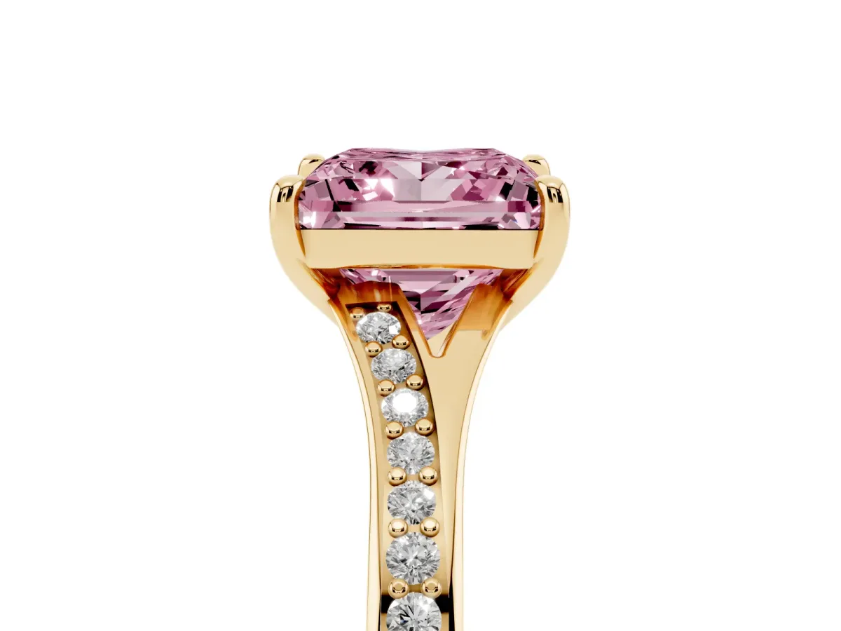 Fancy Pink Princess Cut Diamond Solitaire Ring with Pavé Band and Prong Setting Yellow gold