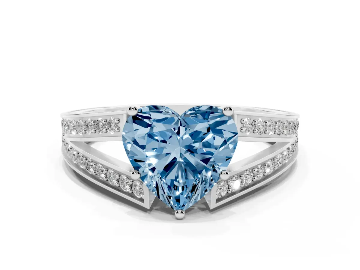 Fancy Blue Heart Cut Diamond Split Shank Ring with Pavé Band and Four-Prong Setting Platinum