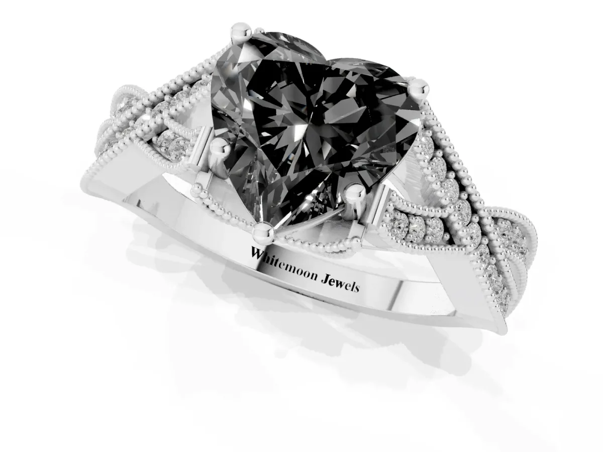 Fancy Black Heart Cut Cut Diamond Twisted Band with Milgrain Pave Setting and Four-Prong Setting Silver