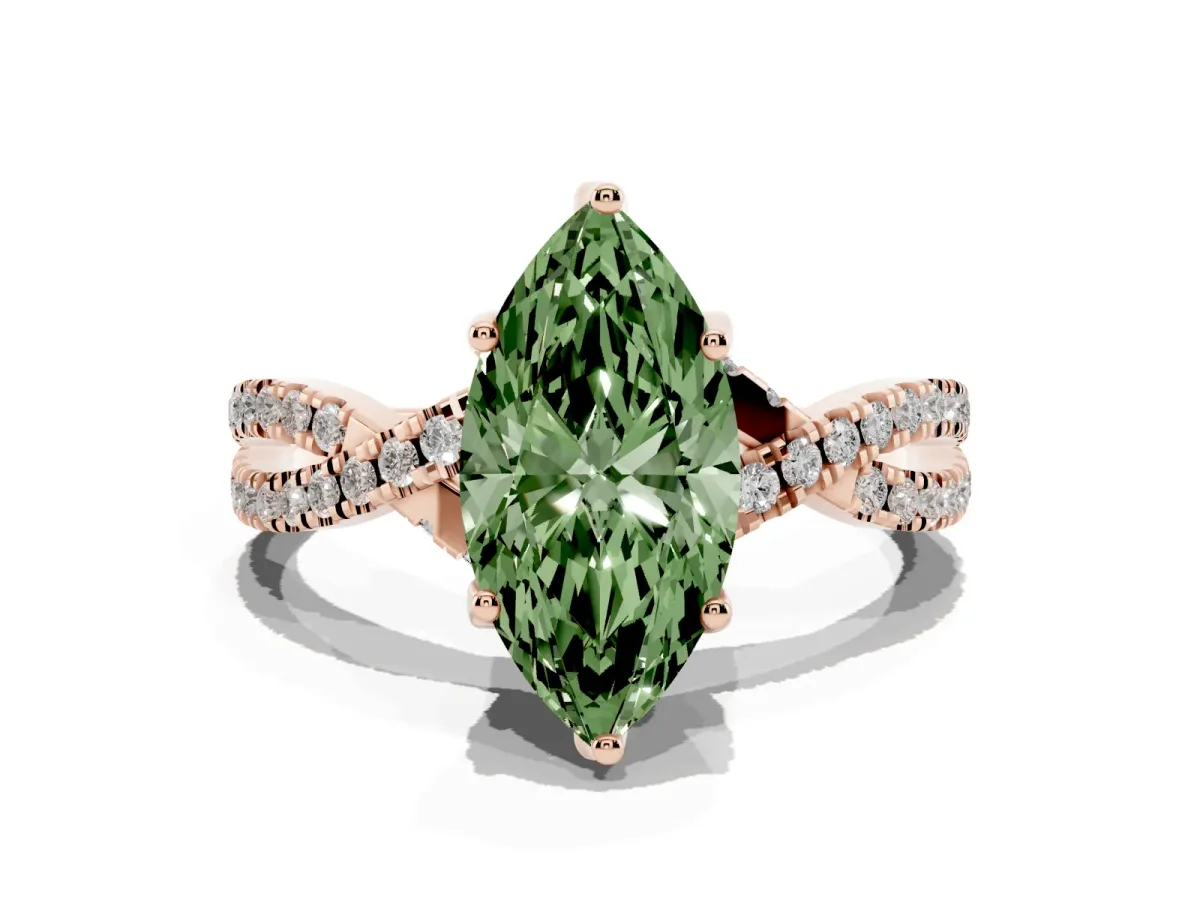 Fancy Green Marquise Cut Solitaire Twist Pave Diamond Engagement Ring with Prong Setting Rose gold
