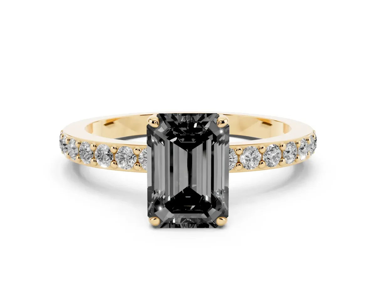 Fancy Black Emerald Cut Diamond Pavé Engagement Ring with Round Accents and Prong Setting Yellow gold