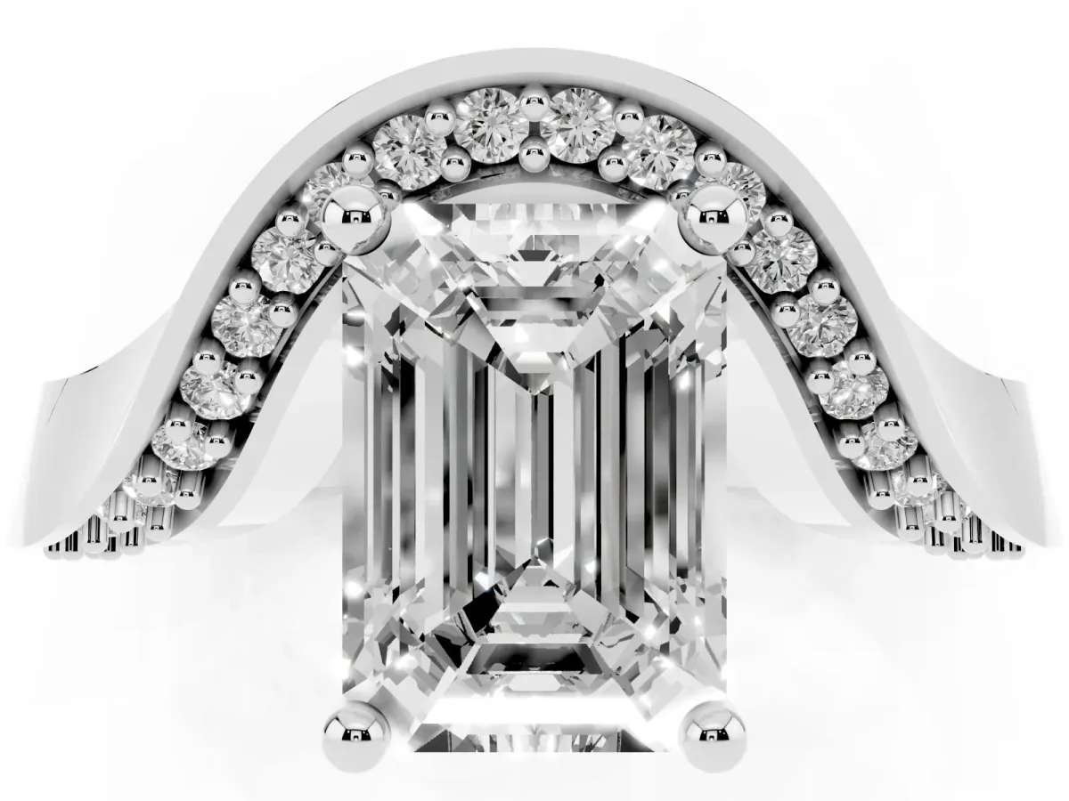 Emerald Cut Solitaire Diamond Engagement Ring with Pave Band and Four-Prong Setting Silver