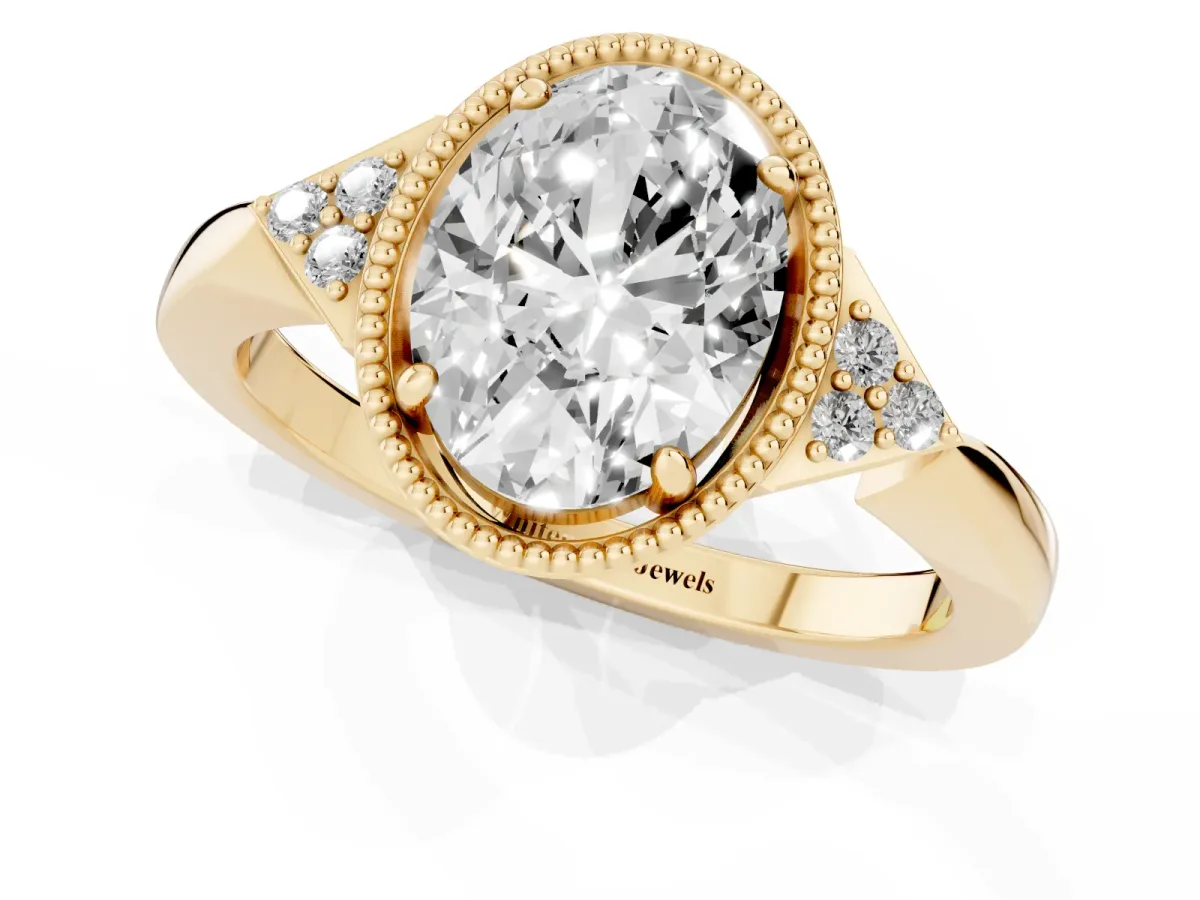 Hexagonal Halo Oval Cut Diamond Solitaire with Pavé Band and Four-Prong Setting Yellow gold