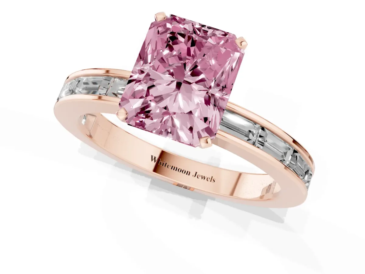 Fancy Pink Radiant Cut Solitaire Diamond Ring with Channel-Set Baguette Band and Four-Prong Setting Rose gold
