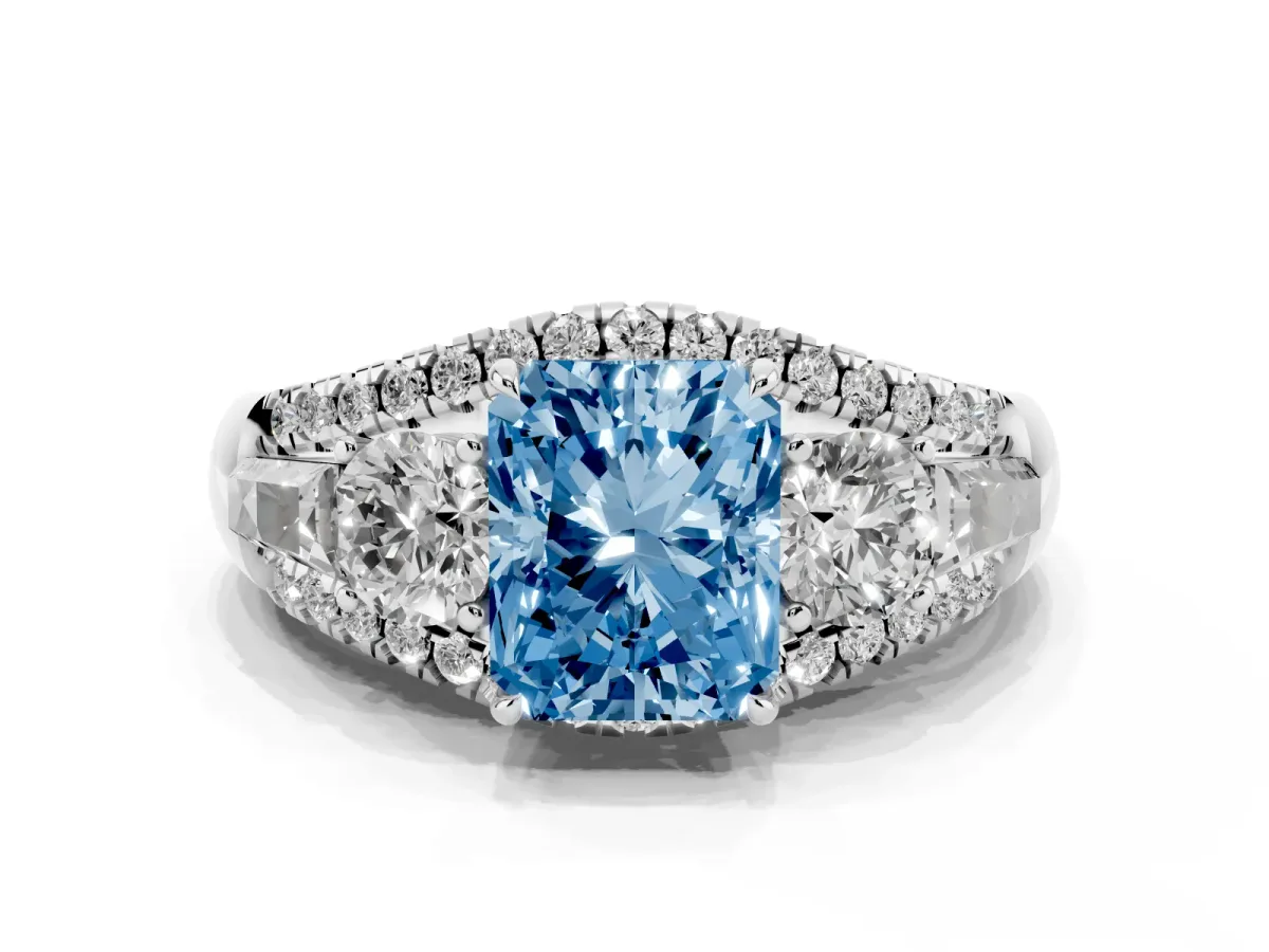 Fancy Blue Three-Stone Radiant Cut Diamond Engagement Ring with Pave Band and Prong Setting Silver