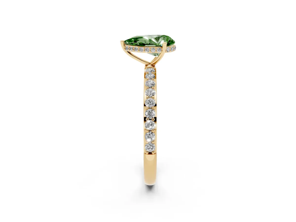 Fancy Green Pear Cut Diamond Solitaire Ring with Pavé Band and Hidden Halo Yellow gold